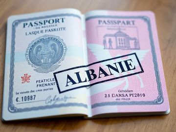 Photos d'un passeport avec un tampon Albanie.