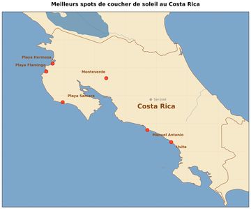 Carte des meilleurs spots de coucher de soleil au Costa Rica