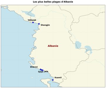 Carte montrant les spots des plus belles plages en Albanie