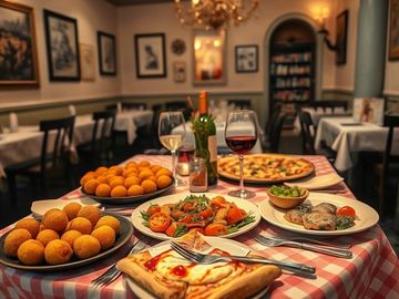 Plan large d'une table dans un restaraunt sicilien recouverte de plats typiques