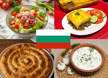 Différents plat typique de Bulgarie entourant le drapeau bulgare