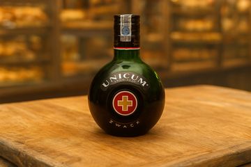 Bouteille de Unicum posée sur une table