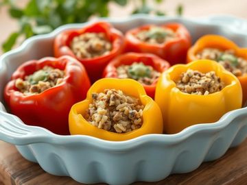 Gros plan sur un plat de Speca të mbushura : poivrons farcis à l’albanaise